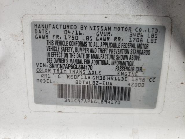 Photo 10 from auction – 2016 NISSAN VERSA S with VIN 3N1CN7AP6GL894170