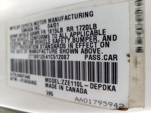 Photo 10 from auction – 2001 TOYOTA COROLLA CE with VIN 2T1BR12E41C512087