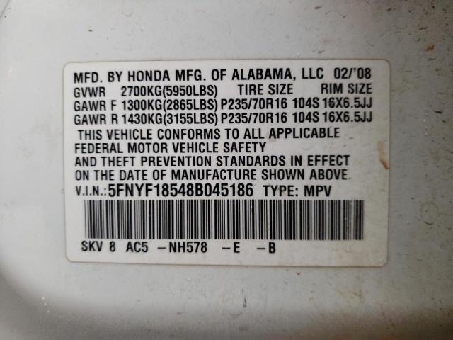 Photo 10 from auction – 2008 HONDA PILOT EXL with VIN 5FNYF18548B045186