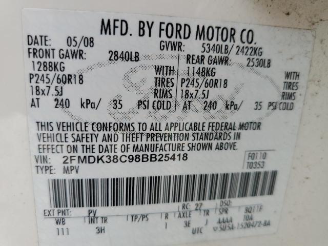 Photo 10 from auction – 2008 FORD EDGE SEL with VIN 2FMDK38C98BB25418