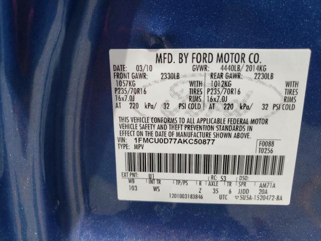 Zdjęcie 10 z aukcji – 2010 FORD ESCAPE XLT z VIN 1FMCU0D77AKC50877