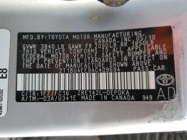 Photo 10 from auction – 2010 TOYOTA COROLLA BA with VIN 2T1BU4EE9AC409694