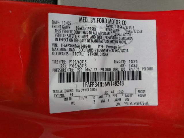 Photo 10 from auction – 2006 FORD FOCUS ZX4 with VIN 1FAFP34N56W148248