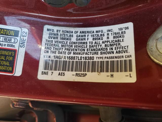 Photo 10 from auction – 2007 HONDA CIVIC EX with VIN 1HGFA16887L018380