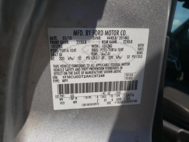 Photo 10 from auction – 2010 FORD ESCAPE XLT with VIN 1FMCU0D72AKC97248