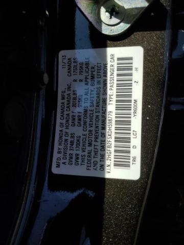 Photo 10 from auction – 2013 HONDA CIVIC LX with VIN 2HGFB2F5XDH598779