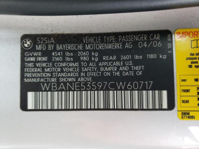Photo 10 from auction – 2007 BMW 525 I with VIN WBANE53597CW60717