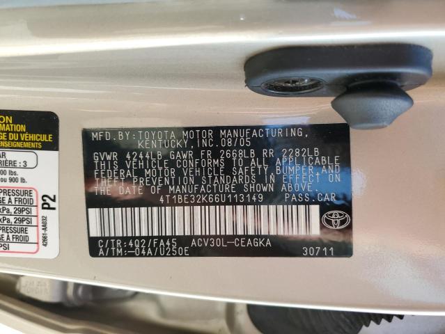 Photo 10 from auction – 2006 TOYOTA CAMRY LE with VIN 4T1BE32K66U113149