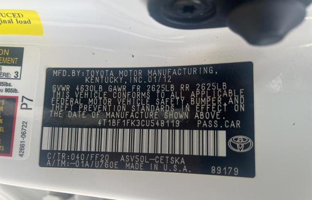Фото 10 с аукциона – 2012 TOYOTA CAMRY BASE с VIN 4T1BF1FK3CU548119