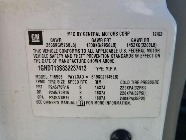 Photo 10 from auction – 2003 CHEVROLET TRAILBLAZE with VIN 1GNDT13S832237413