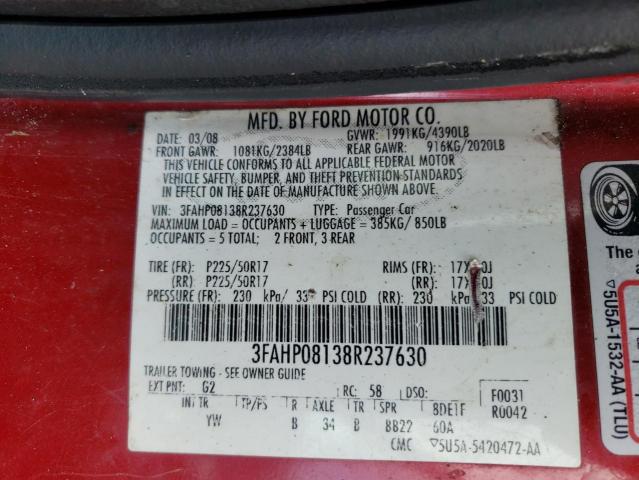 Photo 10 from auction – 2008 FORD FUSION SEL with VIN 3FAHP08138R237630