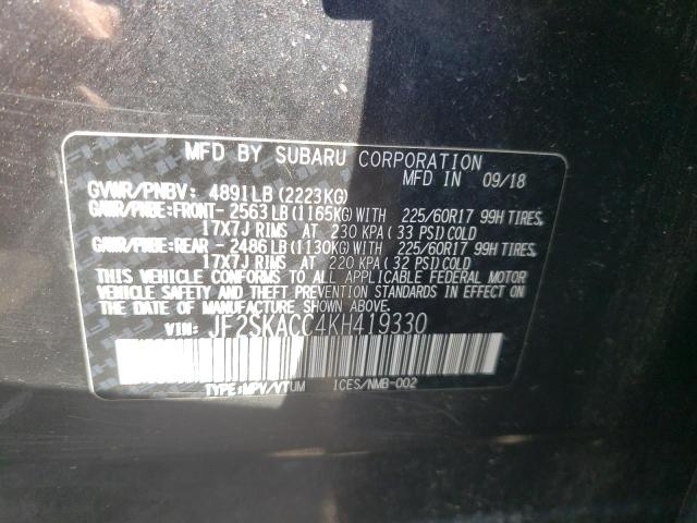 Photo 10 from auction – 2019 SUBARU FORESTER with VIN JF2SKACC4KH419330