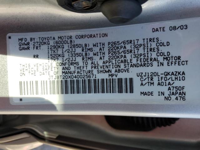 Photo 10 from auction – 2004 LEXUS GX 470 with VIN JTJBT20X040025671