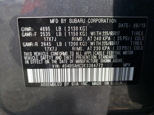 Photo 10 from auction – 2019 SUBARU OUTBACK 2. with VIN 4S4BSAHC2K3384772