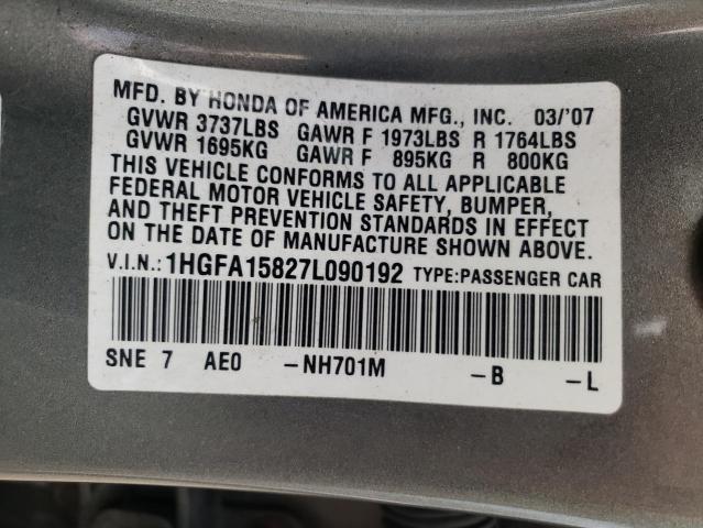 Photo 10 from auction – 2007 HONDA CIVIC EX with VIN 1HGFA15827L090192