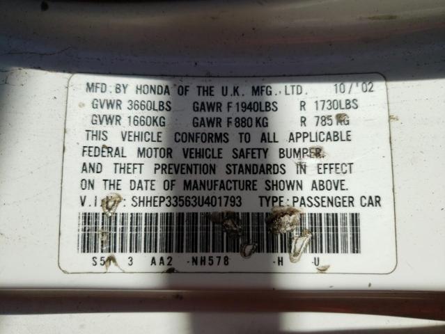 Photo 10 from auction – 2003 HONDA CIVIC with VIN SHHEP33563U401793