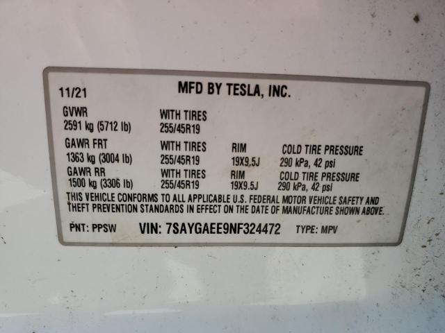 Photo 10 from auction – 2022 TESLA MODEL Y with VIN 7SAYGAEE9NF324472