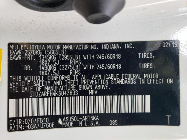 Photo 10 from auction – 2019 TOYOTA HIGHLANDER with VIN 5TDZARFH4KS047893