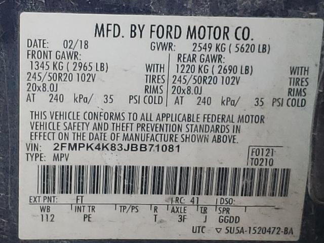 Photo 10 from auction – 2018 FORD EDGE TITAN with VIN 2FMPK4K83JBB71081