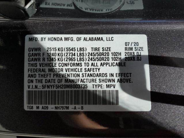 Photo 10 from auction – 2021 HONDA PILOT SE with VIN 5FNYF5H20MB003735