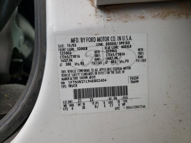Photo 10 from auction – 2004 FORD F250 SUPER with VIN 1FTNW21L94EB03404