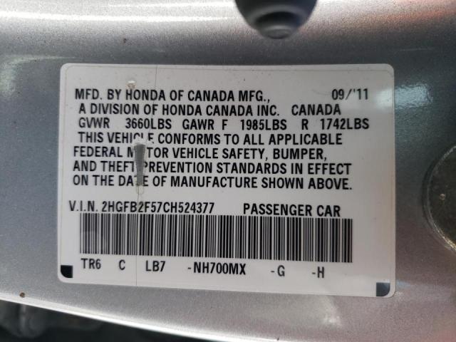 Photo 10 from auction – 2012 HONDA CIVIC LX with VIN 2HGFB2F57CH524377