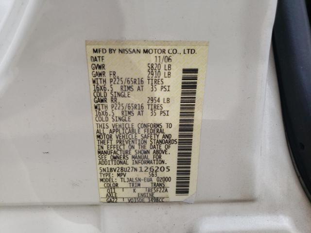 Photo 10 from auction – 2007 NISSAN QUEST S with VIN 5N1BV28U27N126205