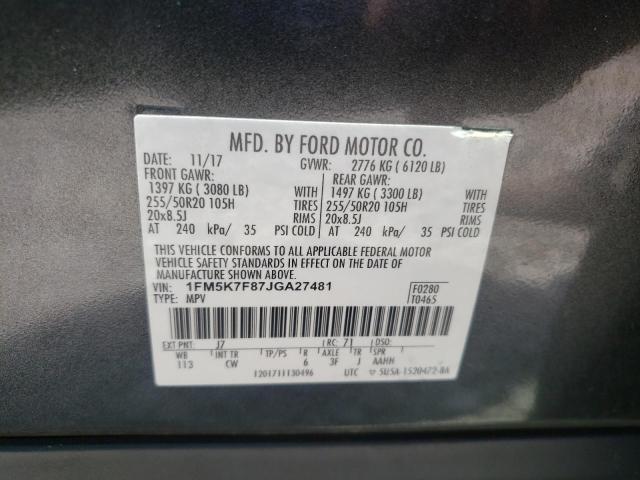 Photo 10 from auction – 2018 FORD EXPLORER L with VIN 1FM5K7F87JGA27481