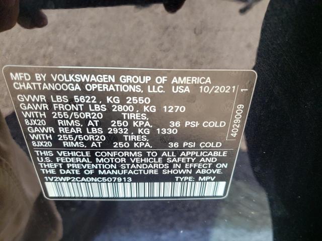 Photo 10 from auction – 2022 VOLKSWAGEN ATLAS SE with VIN 1V2WP2CA0NC507913