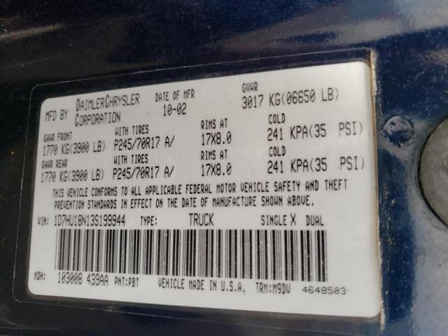 Photo 10 from auction – 2003 DODGE RAM 1500 S with VIN 1D7HU18N13S199944