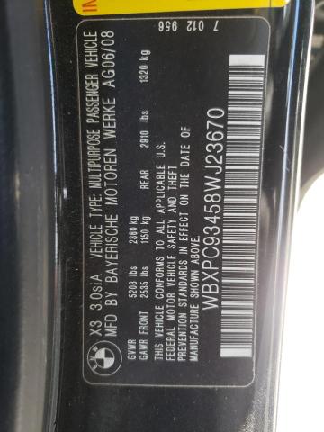 Photo 10 from auction – 2008 BMW X3 3.0SI with VIN WBXPC93458WJ23670