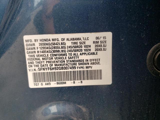Photo 10 from auction – 2016 HONDA PILOT TOUR with VIN 5FNYF6H92GB007499