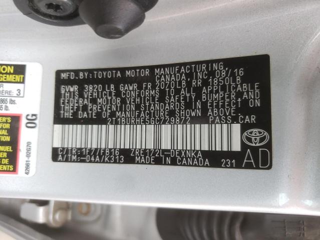Photo 10 from auction – 2016 TOYOTA COROLLA L with VIN 2T1BURHE5GC729872
