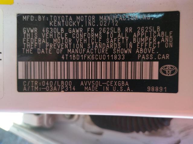 Photo 10 from auction – 2012 TOYOTA CAMRY HYBR with VIN 4T1BD1FK6CU011833