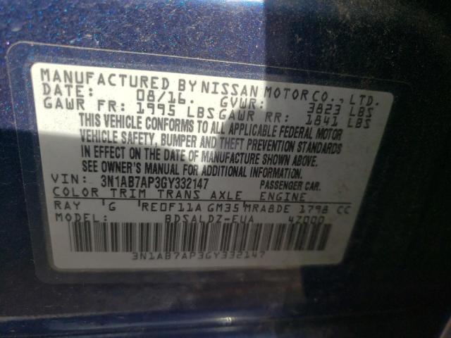 Photo 10 from auction – 2016 NISSAN SENTRA S with VIN 3N1AB7AP3GY332147
