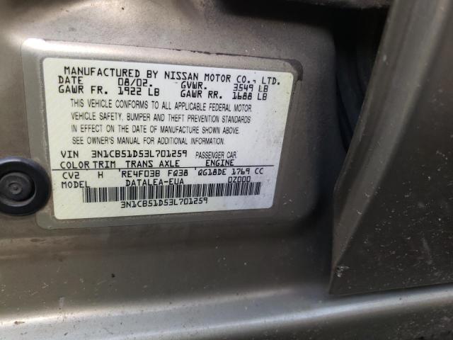 Photo 10 from auction – 2003 NISSAN SENTRA XE with VIN 3N1CB51D53L701259