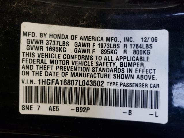 Photo 10 from auction – 2007 HONDA CIVIC with VIN 1HGFA16807L043502