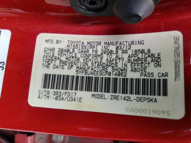 Photo 10 from auction – 2012 TOYOTA COROLLA BA with VIN 5YFBU4EE9CP014062