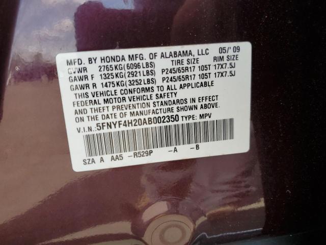 Photo 10 from auction – 2010 HONDA PILOT LX with VIN 5FNYF4H20AB002350