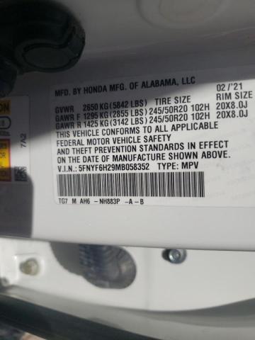 Photo 10 from auction – 2021 HONDA PILOT SE with VIN 5FNYF6H29MB058352