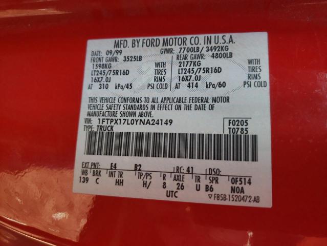 Photo 10 from auction – 2000 FORD F150 with VIN 1FTPX17L0YNA24149