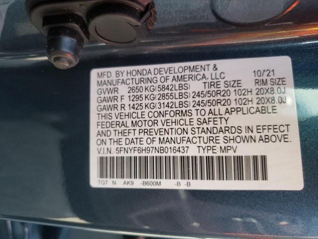 Photo 10 from auction – 2022 HONDA PILOT TOUR with VIN 5FNYF6H97NB016437