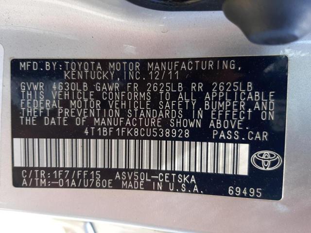 Photo 10 from auction – 2012 TOYOTA CAMRY BASE with VIN 4T1BF1FK8CU538928