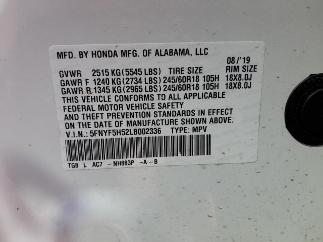 Photo 10 from auction – 2020 HONDA PILOT EXL with VIN 5FNYF5H52LB002336