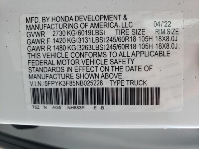 Photo 10 from auction – 2022 HONDA RIDGELINE with VIN 5FPYK3F85NB025228