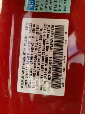 Photo 10 from auction – 2012 HONDA CR-Z EX with VIN JHMZF1D64CS004151