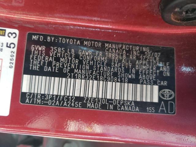 Photo 10 from auction – 2008 TOYOTA COROLLA CE with VIN 2T1BR32E18C908418