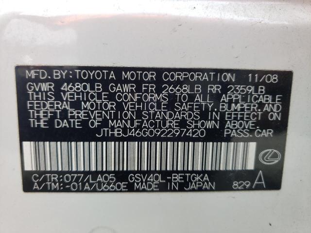 Photo 10 from auction – 2009 LEXUS ES 350 with VIN JTHBJ46G092297420