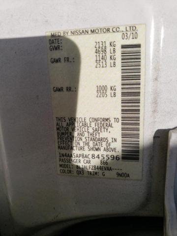 Photo 10 from auction – 2010 NISSAN MAXIMA S with VIN 1N4AA5AP8AC845596