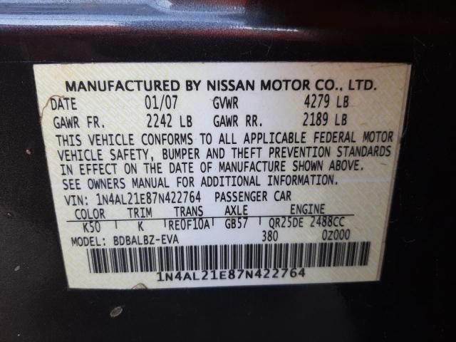 Photo 10 from auction – 2007 NISSAN ALTIMA 2.5 with VIN 1N4AL21E87N422764